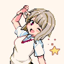 Rule 34 | blush stickers, commentary, hand up, light brown background, light brown hair, love live!, love live! nijigasaki high school idol club, nakasu kasumi, o 12 9, one eye closed, open mouth, pink eyes, pixel art, shirt, short hair, short sleeves, smile, solo, sparkle, star (symbol), v, vest, white shirt, white vest, wing collar