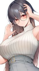 Rule 34 | adjusting eyewear, belt, black hair, blush, breasts, brown hair, character request, closed mouth, copyright request, dot mouth, glasses, gradient hair, grey skirt, high-waist skirt, highres, large breasts, long hair, looking at viewer, multicolored hair, red eyes, ryuji (ikeriu), skirt, sleeveless, sleeveless turtleneck, sweater, turtleneck, underbust, white background, white sweater