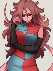 Rule 34 | 1girl, android 21, black sclera, breasts, checkered clothes, checkered dress, colored sclera, dragon ball, dragon ball fighterz, dress, glasses, grey background, hair between eyes, kemachiku, long hair, looking at viewer, majin android 21, medium breasts, pointy ears, red eyes, red hair, simple background, solo, tail
