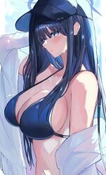 1girl baseball_cap blue_archive blue_hair blush breasts cleavage dark_blue_hair halo hat highres large_breasts long_hair looking_at_viewer noco_(no_coco0) open_clothes open_shirt saori_(blue_archive) shirt sideways_glance solo straight_hair sweatdrop upper_body very_long_hair white_shirt