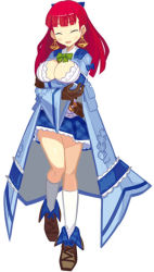 Rule 34 | 1girl, ^ ^, attouteki yuugi mugen souls, blue dress, blue skirt, breasts, cleavage, closed eyes, coat, crossed arms, dress, earrings, full body, gloves, half updo, harada takehito, jewelry, kneehighs, large breasts, long hair, marina cannonvale, nanameda kei, official art, red hair, shoes, skirt, smile, socks, solo, white background, white socks