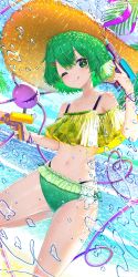 Rule 34 | 1girl, alternate costume, bare shoulders, barefoot, beach, bikini, blue sky, blush, bracelet, brown hat, closed mouth, cloud, cloudy sky, collarbone, commentary, green bikini, green eyes, green hair, green ribbon, gun, hair between eyes, hair ornament, hairpin, hands up, hat, heart, heart of string, highleg, highleg panties, highres, holding, holding weapon, jewelry, kiramarukou, komeiji koishi, leaf print, leg up, looking to the side, mountain, navel, ocean, one eye closed, outdoors, palm tree, panties, ribbon, sand, short hair, side-tie bottom, sky, smile, solo, standing, standing on one leg, stomach, swimsuit, symbol-only commentary, third eye, tongue, tongue out, touhou, tree, underwear, water, water drop, water gun, weapon