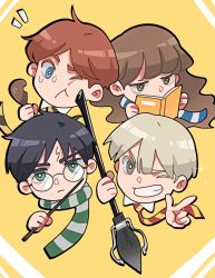 Rule 34 | 1girl, 3boys, alternate universe, blending, blonde hair, blue eyes, blue scarf, book, broom, brown eyes, brown hair, cheek poking, chibi, chicken (food), child, collared shirt, draco malfoy, food, frown, glasses, green eyes, green scarf, grey eyes, grin, gryffindor, hands up, harry potter, harry potter (series), hermione granger, highres, hogwarts school uniform, holding, holding broom, holding food, holding wand, hufflepuff, long hair, long sleeves, looking at viewer, multiple boys, necktie, one eye closed, open book, orange hair, poking, ravenclaw, reading, ron weasley, rs382302, scar, scar on face, scar on forehead, scarf, school uniform, shirt, slytherin, smile, sparkle, striped clothes, striped necktie, striped scarf, sweatdrop, wand, wizarding world, yellow background