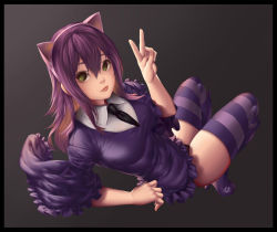Rule 34 | 1girl, aged up, animal ears, annie (league of legends), bad id, bad pixiv id, black border, black necktie, boots, border, closed mouth, collared shirt, dress, empty eyes, fake animal ears, frilled dress, frilled sleeves, frills, full body, green eyes, grey background, hair between eyes, hairband, high heel boots, high heels, highres, knee boots, league of legends, light smile, long hair, looking at viewer, naidong (artist), nail polish, necktie, purple dress, purple footwear, purple hair, purple nails, purple thighhighs, shirt, simple background, sleeves past elbows, solo, striped clothes, striped thighhighs, thighhighs, v, white shirt, wide sleeves
