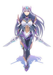 Rule 34 | 1girl, android, armor, bodysuit, breasts, circlet, closed mouth, commentary request, contrapposto, cyborg, dual wielding, fateline alpha, full body, glowing, grey hair, holding, holding knife, knife, large breasts, long hair, looking at viewer, original, purple eyes, shadow, solo, standing, walking