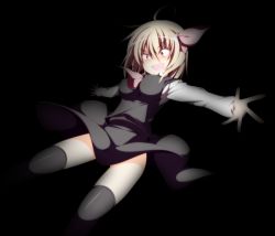 Rule 34 | 1girl, black background, black thighhighs, blonde hair, breasts, embodiment of scarlet devil, fang, female focus, grin, hair ribbon, highres, large breasts, aged up, open mouth, outstretched arms, red eyes, ribbon, rumia, sakurame, skirt, smile, solo, spread arms, thighhighs, touhou