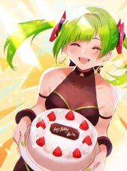 Rule 34 | 1girl, ^ ^, absurdres, arm strap, blush, bracelet, breasts, cake, closed eyes, collarbone, commentary, delutaya, earrings, english commentary, food, fruit, green nails, gudanco (nyanmeowzer), halterneck, highres, holding, holding plate, indie virtual youtuber, jewelry, medium breasts, nail polish, open mouth, plate, short hair, smile, solo, strawberry, triangle earrings, twintails, virtual youtuber