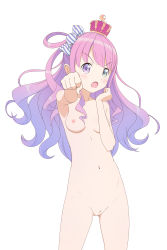Rule 34 | 1girl, :o, absurdres, blue hair, blush, breasts, candy hair ornament, cleft of venus, crown, female focus, food-themed hair ornament, gradient hair, green eyes, hair ornament, hair rings, heterochromia, highres, himemori luna, hololive, purple eyes, light blue hair, long hair, looking at viewer, multicolored hair, navel, nipples, nude, nzanu, one side up, open mouth, outstretched arm, pink hair, punching, pussy, sidelocks, simple background, small breasts, solo, standing, uncensored, virtual youtuber, white background
