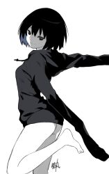Rule 34 | 1girl, arms behind back, artist name, ass, barefoot, black eyes, black hair, black hoodie, bob cut, bottomless, breasts, closed mouth, commentary, drawstring, foot up, from behind, hair between eyes, highres, hood, hood down, hoodie, kikumaru bunta, looking at viewer, looking back, medium breasts, monogatari (series), no panties, oshino ougi, outstretched arms, pale skin, short hair, signature, simple background, sleeves past fingers, sleeves past wrists, smile, solo, toes, translated, very long sleeves, white background