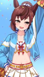 Rule 34 | 1girl, animal ears, arm up, belt, blue jacket, brown hair, collarbone, confetti, crop top, gradient background, hand on own hip, highres, holding, holding pom poms, horse ears, jacket, kuronosu (yamada1230), looking at viewer, midriff, navel, nice nature (run&amp;win) (umamusume), nice nature (umamusume), open clothes, open jacket, open mouth, pom pom (cheerleading), pom poms, ponytail, short hair, skirt, solo, sweatdrop, umamusume, upper body, white skirt, yellow eyes