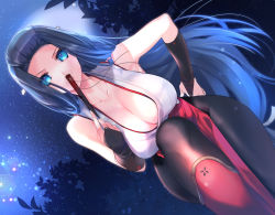 Rule 34 | 1girl, absurdres, bad id, bad pixiv id, black pantyhose, blue eyes, blue hair, breasts, cleavage, covered mouth, dutch angle, hand fan, hand on own hip, highres, holding, kumatora tatsumi, kunoichi, large breasts, long hair, looking at viewer, night, night sky, outdoors, pantyhose, pelvic curtain, sennen sensou aigis, sky, solo, star (sky), starry sky, very long hair