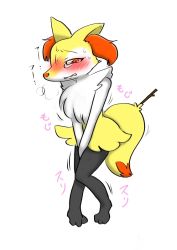 Rule 34 | 1girl, animal ears, animal hands, between legs, blush, braixen, clenched teeth, creatures (company), embarrassed, feet, female focus, fox ears, fox tail, full body, furry, furry female, game freak, gen 6 pokemon, half-closed eyes, hand between legs, have to pee, knees together feet apart, nintendo, own hands together, pigeon-toed, pokemon, pokemon (creature), pokemon xy, red eyes, seiya mesu, simple background, solo, standing, stick, sweat, tail, tears, teeth, text focus, translation request, trembling, v arms, white background