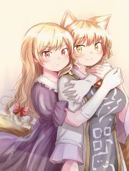 Rule 34 | 2girls, :/, animal ears, arm across chest, blonde hair, breasts, commentary, cowboy shot, dress, elbow gloves, fox ears, fox tail, gloves, gradient background, hair ribbon, hand on another&#039;s arm, hand on another&#039;s shoulder, highres, hug, hug from behind, large breasts, light blush, long hair, long sleeves, looking at viewer, multiple girls, multiple tails, no headwear, puffy short sleeves, puffy sleeves, purple dress, red eyes, ribbon, short hair, short sleeves, shuu (sirokumasabu), smile, standing, tabard, tail, touhou, tress ribbon, very long hair, white dress, white gloves, yakumo ran, yakumo yukari, yellow background, yellow eyes
