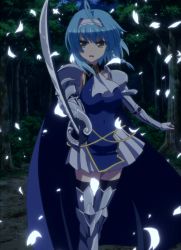 Rule 34 | 10s, 1girl, absurdres, armor, blue hair, highres, night, nonaka yuki, screencap, shinmai maou no testament, solo, standing, stitched, sword, third-party edit, weapon, yellow eyes