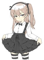 Rule 34 | 10s, 1girl, black bow, black bowtie, black pantyhose, black skirt, bow, bowtie, brown eyes, casual, closed mouth, collared shirt, cowboy shot, gedou (ge ge gedou), girls und panzer, half-closed eyes, high-waist skirt, layered skirt, light brown hair, long hair, long sleeves, looking at viewer, pantyhose, seductive smile, shimada arisu, shirt, side ponytail, simple background, sketch, skirt, skirt hold, smile, solo, standing, striped clothes, striped pantyhose, suspender skirt, suspenders, thighhighs, white background, white shirt