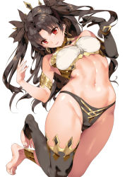 Rule 34 | anklet, armlet, asymmetrical legwear, asymmetrical sleeves, bare shoulders, barefoot, bikini, black bikini, black gloves, black hair, breasts, closed mouth, detached collar, earrings, elbow gloves, fate/grand order, fate (series), gloves, hoop earrings, ishtar (fate), jewelry, legs, long legs, medium breasts, mismatched bikini, navel, neck ring, parted bangs, red eyes, saburou (hgmg), single glove, single thighhigh, smile, solo, swimsuit, thighhighs, thighlet, thighs, tiara, toeless legwear, two side up, uneven legwear, uneven sleeves, white bikini