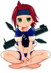 Rule 34 | 1girl, bachera, barefoot, buckle, feet, green eyes, headband, indian style, jacket, light smile, midriff, navel, red hair, rocket launcher, short hair, shorts, simple background, sitting, solo, weapon, white background