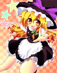 Rule 34 | 1girl, apron, black dress, blonde hair, dress, female focus, geo (yukishitadou), hair ribbon, hand on headwear, hat, highres, kirisame marisa, open mouth, outstretched hand, ribbon, solo, star (symbol), touhou, witch, witch hat, yellow eyes