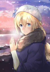 Rule 34 | 1girl, blonde hair, blue coat, blue eyes, closed mouth, coat, fate/apocrypha, fate (series), from side, fur coat, gorogoronemuri, hair between eyes, hat, highres, jeanne d&#039;arc (fate), jeanne d&#039;arc (ruler) (fate), long hair, long sleeves, outdoors, smile, solo, upper body, very long hair, white hat, winter