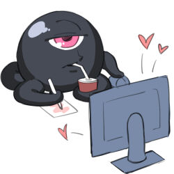 Rule 34 | black skin, colored skin, cup, disposable cup, drawing, dyun, heart, highres, holding, holding cup, monitor, mouse (computer), no humans, one-eyed, original, pink eyes, tentacles
