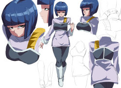 Rule 34 | 1girl, armor, ass, black eyes, black leggings, blue hair, blunt bangs, boots, breastplate, breasts, character sheet, cropped torso, dragon ball, dragon ball super, dragon ball super broly, dress, expressionless, facing viewer, full body, leggings, looking at viewer, monochrome, multiple views, nion, rom (20), short dress, white background