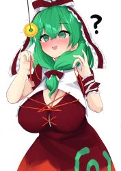 1girl ? @_@ absurdres arm_ribbon bow breasts cleavage dress front_ponytail green_eyes highres hypnosis kagiyama_hina large_breasts mind_control red_bow red_dress red_ribbon ribbon shinonome_zakuro simple_background smile solo touhou white_background