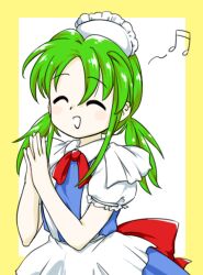 Rule 34 | 1girl, :d, ^ ^, apron, back bow, blue dress, bow, closed eyes, collared dress, dress, green hair, hands up, long hair, maid headdress, musical note, neck ribbon, nonamejd, official style, open mouth, own hands together, puffy short sleeves, puffy sleeves, red bow, red ribbon, ribbon, ruukoto, short sleeves, smile, solo, touhou, touhou (pc-98), twintails, white apron, zun (style)