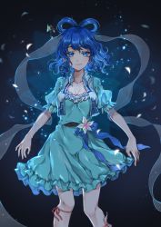 Rule 34 | 1girl, absurdres, blue eyes, blue hair, breasts, cleavage, collarbone, dress, flower, hagoromo, hair ornament, highres, kaku seiga, light smile, looking at viewer, medium breasts, ming-shuang, puffy short sleeves, puffy sleeves, shawl, short hair, short sleeves, solo, touhou