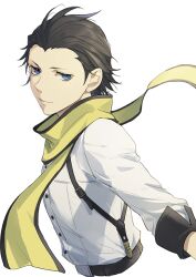 Rule 34 | 1boy, black hair, blue eyes, closed mouth, cropped torso, isa (peien516), looking at viewer, male focus, mochizuki ryouji, mole, mole under eye, persona, persona 3, scarf, shirt, simple background, solo, suspenders, upper body, white background, white shirt, yellow scarf