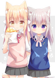 Rule 34 | 2girls, animal ear fluff, animal ears, arm behind back, black skirt, blonde hair, blush, bread, brown eyes, cat ears, cat tail, closed mouth, collared shirt, commentary request, dress shirt, eating, food, grey background, grey hair, hair ornament, hairclip, hand up, highres, holding, holding food, long hair, looking at viewer, low twintails, miike-chan, multiple girls, nakkar, neck ribbon, original, pink ribbon, pleated skirt, purple eyes, red ribbon, ribbon, shirt, short sleeves, sidelocks, skirt, sweater vest, tail, twintails, two-tone background, two side up, white background, white shirt, x hair ornament
