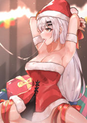 Rule 34 | 1girl, absurdres, armpits, bare shoulders, bdsm, blush, bondage, bound, bound arms, bound wrists, bow, box, breasts, christmas, christmas lights, cleavage, collarbone, dress, feet out of frame, gift, gift box, girls&#039; frontline, hair between eyes, hair bow, hair ornament, hairclip, hat, highres, long hair, looking away, medium breasts, merry christmas, muteppona hito, official alternate costume, open mouth, orange eyes, red dress, red hat, red ribbon, ribbon, saliva, saliva trail, santa costume, santa dress, santa hat, silver hair, simple background, sitting, solo, spread legs, svd (girls&#039; frontline), svd (winter fairy) (girls&#039; frontline), tongue, tongue out