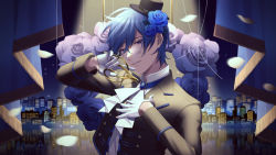 Rule 34 | 1boy, ascot, black jacket, blue eyes, blue flower, blue hair, blue rose, blue theme, brooch, city, floral background, flower, gloves, hair flower, hair ornament, hands up, hat, holding, holding scissors, jacket, jewelry, kaito (vocaloid), long sleeves, male focus, night, nokuhashi, open clothes, open jacket, petals, rose, scissors, smile, solo, thread, vocaloid, white gloves