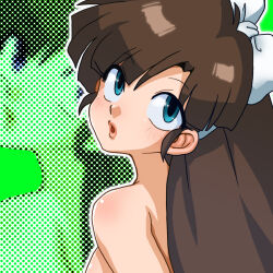 1girl aqua_eyes blush bow breasts brown_hair green_background kuonji_ukyou lips nude open_mouth ranma_1/2 solo wanta_(futoshi) white_bow