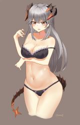 Rule 34 | 1girl, arknights, artist name, bare arms, bare shoulders, black bra, black panties, blush, bra, breast hold, breasts, brown eyes, cleavage, commentary, cowboy shot, cropped legs, grey background, hair between eyes, hand up, highres, horns, jsscj, large breasts, long hair, looking at viewer, navel, open mouth, panties, saria (arknights), signature, silver hair, simple background, solo, standing, stomach, strap slip, tail, thighs, underwear, v-shaped eyebrows