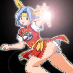 Rule 34 | 1990s (style), 1girl, ass, blue hair, brown eyes, china dress, chinese clothes, dress, gradient background, headband, kanzaki azusa, looking at viewer, lumpen, mamono hunter youko, panties, retro artstyle, short hair, solo, underwear