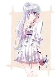 Rule 34 | 1girl, bag, blue eyes, coat, commentary, dress, floral print, handbag, hikasa youko, iesupa, jewelry, necklace, ponytail, rwby, scar, scar on face, voice actor connection, weiss schnee, white coat, white dress, white hair