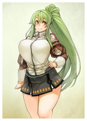 Rule 34 | 1girl, breasts, brown background, brown eyes, eyebrows, green hair, highres, large breasts, long hair, monster hunter (series), original, perky breasts, sachito, smile, solo, sumi-chan (sachito), thick eyebrows, thick thighs, thighs, very long hair, zipper