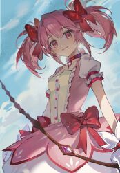 Rule 34 | 1girl, blue sky, bow, bow (weapon), choker, cloud, collarbone, cowboy shot, day, dress, dress bow, dutch angle, frilled sleeves, frills, from side, glint, gloves, hair bow, highres, holding, holding bow (weapon), holding weapon, kaname madoka, looking at viewer, magical girl, mahou shoujo madoka magica, mahou shoujo madoka magica (anime), outdoors, pink dress, pink eyes, pink hair, puffy short sleeves, puffy sleeves, red bow, red choker, short hair, short sleeves, short twintails, skirt, sky, smile, solo, standing, twintails, waguxuyalian, weapon, white gloves, white skirt
