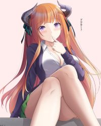 Rule 34 | 1girl, arknights, bagpipe (arknights), black ribbon, blazer, breasts, cleavage, commentary, commentary request, cosplay, crossed legs, feet out of frame, finger to mouth, go-toubun no hanayome, green skirt, hair ribbon, hand up, highres, horns, jacket, keenh, large breasts, long hair, long sleeves, look-alike, nakano nino, nakano nino (cosplay), orange hair, partial commentary, pink background, purple eyes, ribbon, shirt, sitting, skirt, solo, thighs, very long hair, white shirt