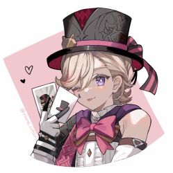 Rule 34 | 1boy, androgynous, black hat, blonde hair, braid, card, genshin impact, hat, heart, holding, holding card, lyney (genshin impact), multicolored background, multicolored hair, one eye closed, pink background, pink hair, playing card, purple eyes, riane cotton, short hair, solo, teardrop facial mark, tongue, tongue out, top hat, twitter username, white background