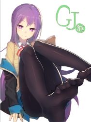 Rule 34 | 10s, 1girl, book, copyright name, feet, foot focus, gj-bu, izumi sai, light smile, long hair, looking at viewer, no shoes, pantyhose, purple eyes, purple hair, simple background, solo, sumeragi shion, toes, very long hair, white background