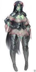 Rule 34 | 1girl, armor, bikini armor, black armor, black hair, blue eyes, borrowed character, breasts, cleavage, colored skin, commentary, dress, elbow pads, english commentary, flower, full body, greaves, green skin, hair flower, hair ornament, hair over one eye, hand on own hip, highres, large breasts, lingerie, lip biting, lips, long hair, mole, mole under eye, nat the lich, nina (scathegrapes), nose, orc, original, panties, pauldrons, pink dress, revealing clothes, see-through, sheer fabric, shoulder armor, solo, standing, thighhighs, tusks, underwear, very long hair, white background, white legwear, white panties, wide sleeves