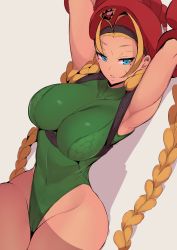 Rule 34 | 1girl, armpits, arms behind head, blonde hair, blue eyes, braid, breasts, cameltoe, cammy white, collarbone, covered navel, curvy, fingerless gloves, gloves, green leotard, groin, hat, highleg, highleg leotard, highres, large breasts, legs together, leotard, long hair, looking at viewer, nac000, parted lips, red gloves, scar, simple background, solo, street fighter, thick thighs, thighs, twin braids, wide hips