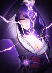 Rule 34 | 1girl, absurdres, backlighting, braid, breasts, bridal gauntlets, bright pupils, choker, cleavage, commentary request, dochi (ssakey787), drawing sword, electricity, flower, genshin impact, glowing, glowing eyes, highres, holding, holding sword, holding weapon, human scabbard, japanese clothes, kimono, large breasts, long hair, looking at viewer, low-braided long hair, low-tied long hair, mitsudomoe (shape), mole, mole under eye, musou isshin (genshin impact), obi, obiage, obijime, parted lips, pink lips, purple background, purple eyes, purple flower, purple hair, purple kimono, raiden shogun, red ribbon, ribbon, ribbon choker, sash, shrug (clothing), solo, sword, tassel, tomoe (symbol), transparent, transparent sword, transparent weapon, upper body, weapon, white pupils