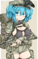 Rule 34 | 1girl, alternate costume, aqua eyes, aqua hair, assault rifle, backpack, bag, belt, black panties, blue eyes, blue hair, blush, breast rest, breasts, bullpup, camouflage, cleavage, collarbone, covered erect nipples, cowboy shot, female focus, fingerless gloves, fn f2000, fn herstal, gloves, grin, gun, hair bobbles, hair ornament, holster, jpeg artifacts, kawashiro nitori, large breasts, load bearing vest, looking at viewer, matching hair/eyes, military, military uniform, modular weapon system, night-vision device, night vision, okiraku nikku, outside border, panties, pocket, rifle, seductive smile, short hair, simple background, smile, solo, standing, thigh holster, touhou, twintails, two side up, underwear, uniform, weapon