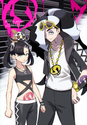 Rule 34 | 1boy, 1girl, aqua eyes, asymmetrical bangs, black pants, brother and sister, clenched hands, commentary request, cosplay, creatures (company), english text, eyelashes, eyeshadow, eyewear on head, game freak, gen 8 pokemon, guzma (pokemon), guzma (pokemon) (cosplay), jewelry, makeup, marnie (pokemon), meiji ken, midriff, morpeko, morpeko (full), navel, necklace, nintendo, official style, on head, pants, parted lips, piers (pokemon), plumeria (pokemon), plumeria (pokemon) (cosplay), pokemon, pokemon (creature), pokemon on head, pokemon sm, pokemon swsh, shirt, siblings, smile, sunglasses, tattoo, team skull grunt, team skull grunt (cosplay), white shirt, wristband