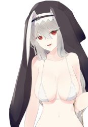 Rule 34 | 1girl, :d, alternate costume, arknights, bare arms, bare shoulders, bikini, black headwear, breasts, collarbone, grey hair, habit, highres, jewelry, long hair, looking at viewer, medium breasts, navel, necklace, open mouth, red eyes, smile, solo, specter (arknights), stardust-kun, stomach, string bikini, swimsuit, upper body, very long hair, white background, white bikini