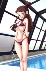 Rule 34 | 1girl, asortofcolorfag, bare arms, bare legs, beach, bikini, blush, breasts, brown hair, cameltoe, embarrassed, formerly, high ponytail, highres, indoor pool, indoors, kagari atsuko, little witch academia, long hair, looking at viewer, navel, ocean, open mouth, pool, purple bikini, red eyes, rei no pool, revision, side-tie bikini bottom, small breasts, solo, standing, swimsuit, thigh gap