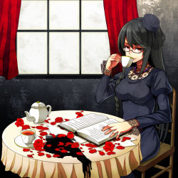 Rule 34 | 1girl, album cover, black hair, book, braid, cover, cup, dress, glasses, highres, jewelry, long hair, necklace, nirai kanai, original, petals, red eyes, sitting, solo, table, teacup, window