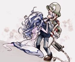 Rule 34 | 1boy, 1girl, absurdres, backless dress, backless outfit, blue eyes, blue hair, brown hair, clenched teeth, dress, dutch angle, facial hair, ghost, ghost tail, gloves, grabbing, hat, hellen gravely, highres, licker610, long hair, looking at another, luigi, luigi&#039;s mansion, luigi&#039;s mansion 3, mario (series), messy hair, mustache, nintendo, overalls, poltergust 3000, sitting, teeth, vacuum cleaner